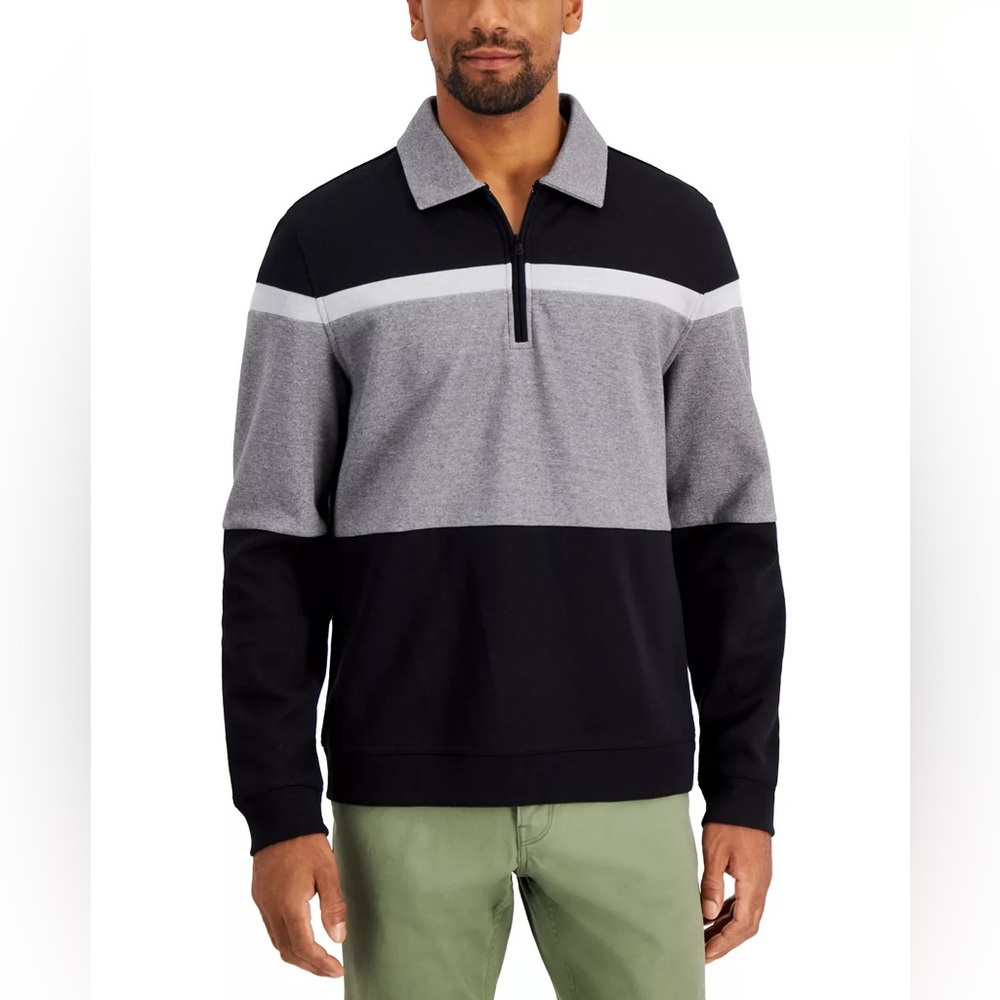 mens alfani long sleeve shirts quarter zip collared, black and gray xxl new